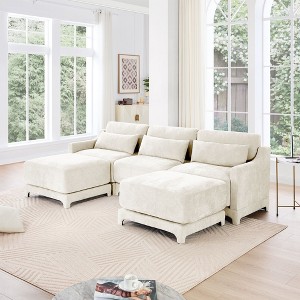 3-Seater Chenille Fabric Beige Sofa with 2 Movable Ottomans and Lumbar Pillow High-Resilience Sponge High Quality Wooden Base - 1 of 4