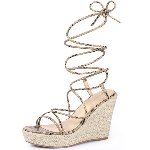 BLISSFUL STEP Women's Snake Print Open Toe Lace Up Wedge Sandals - 1 of 3