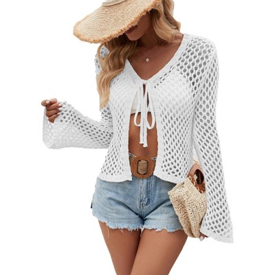 Womens Casual Summer Tie Front V Neck Flared Sleeve Openwork Cardigan