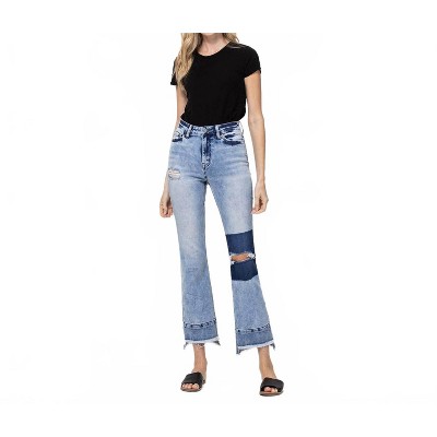 Women's High Rise Distressed Patched Crop Flare Jeans - FLYING MONKEY