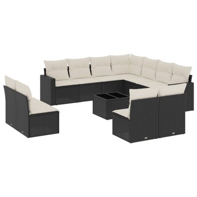 vidaXL 12 Piece Patio Sofa Set with Cushions Black and Cream Poly Rattan - With Table