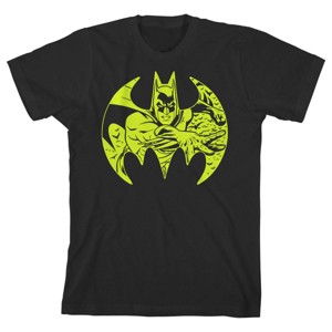 Batman Neon Yellow Logo and Character Black T-shirt Toddler Boy to Youth Boy - 1 of 2