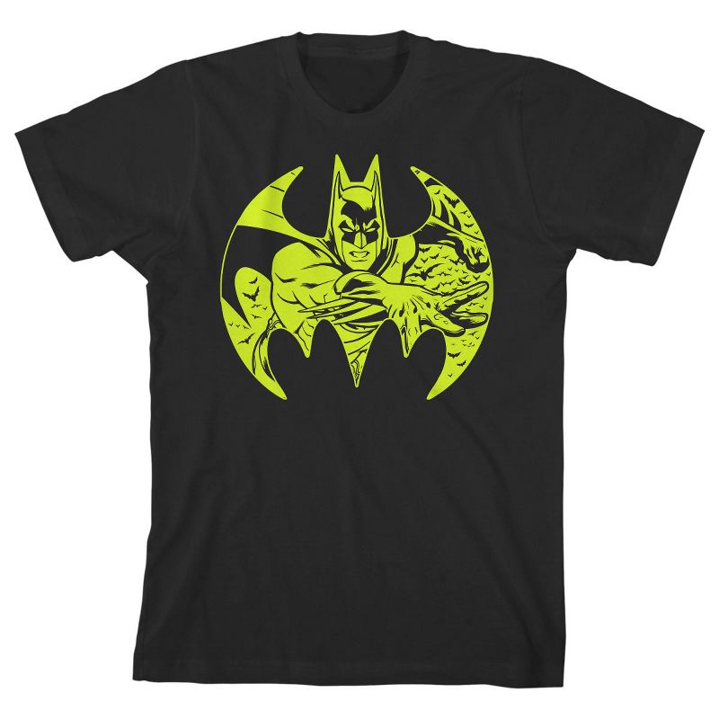 Batman Neon Yellow Logo and Character Black T-shirt Toddler Boy to Youth Boy, 1 of 3
