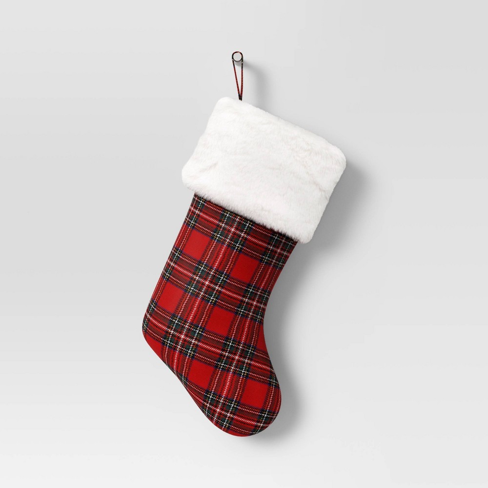 20 Plaid Christmas Stocking with Faux Fur Cuff Red - Wondershop