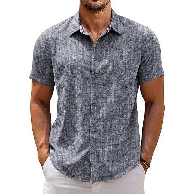COOFANDY Mens Linen Shirt Short Sleeve Button Down Shirts Casual Plaid Collar Summer Beach Shirts