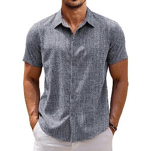 COOFANDY Mens Linen Shirt Short Sleeve Button Down Shirts Casual Plaid Collar Summer Beach Shirts - 1 of 4
