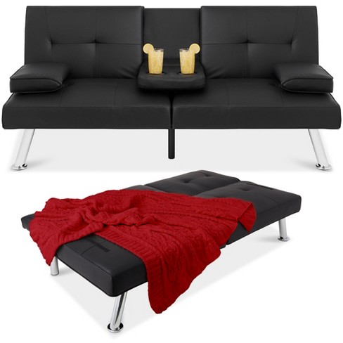 Best Choice Products Modern Faux Convertible Futon Sofa W/ Removable Armrests, Metal Legs, 2 Cupholders - Black : Target