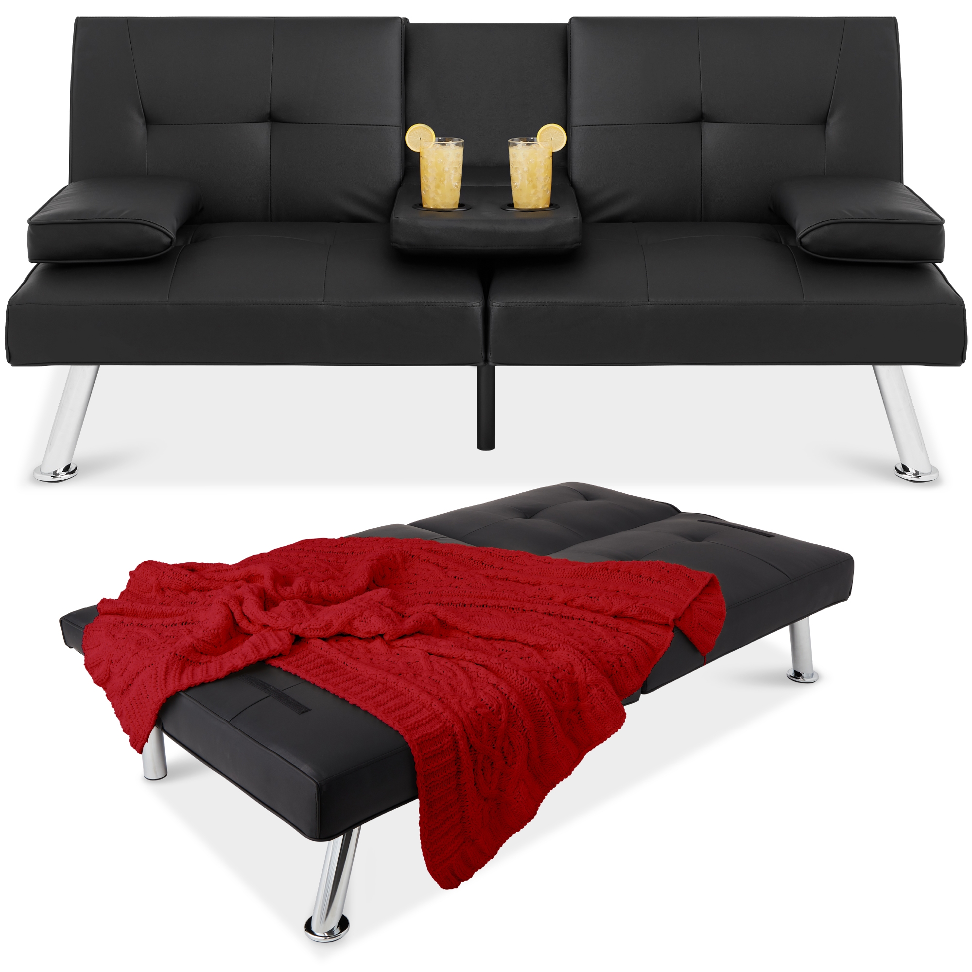 Best Choice Products Modern Faux Leather Convertible Futon Sofa w/ Removable Armrests, 2 Cupholders - Black
