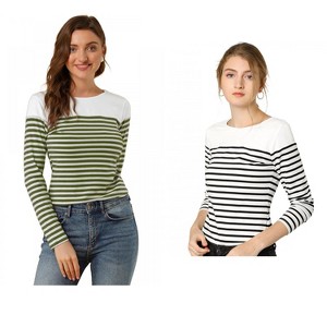 Allegra K Women's Color Block Round Neck Long Sleeves Striped Basic T-Shirt 2 Packs - 1 of 4