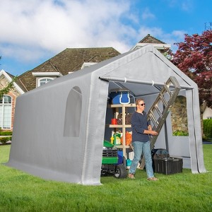 Carport Canopy, Heavy Duty Waterproof Portable Garage with Removable Doors & Sidewalls, All-Season Tarp for Motorcycle, Garden Tools Gray 8'x14' - 1 of 4