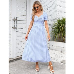 YesFashion Women's Summer Boho Plaid Square Neck Short Puff Sleeve Dress Elastic Smocked Summer Beach Ruffle Midi Dress - 1 of 4