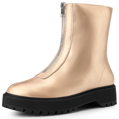 BLISSFUL STEP Platform Block Heel Booties with Zipper Dressy Combat Boots for Women
