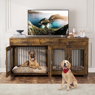 Garvee 71'' Dog Crate Furniture for 2 Dogs, Wooden Double Dog Crate with 3 Drawers and Removable Room Divider for Large Medium Dogs
