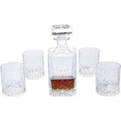 Regal Trunk Crystal Whiskey Decanter Set with Square Engraved Tumblers