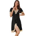 cheibear Womens Satin Lace Trim V-Neck Lingerie Short Sleeves Silky Nightgowns