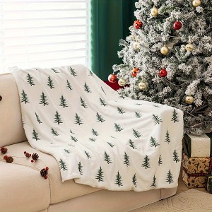 Lomsoe Christmas Tree Print Flannel Blanket - White with Black Pine Tree Design, All-Season Cozy Throw for Indoor/Outdoor Use. - 1 of 4
