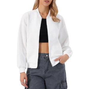 INSPIRE CHIC Women's Textured Crew Neck Solid Color Long Sleeve Bomber Jackets - 1 of 4