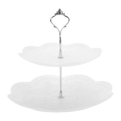 Unique Bargains 2 Tier Dessert Cupcake Stand Round Cup Cake Holder Tower White Silver Tone