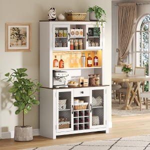 JANSNO 70.9" Rustic Kitchen Pantry Cabinet with Doors, Lights & Wine Rack & Shelves for Dining Room - 1 of 4