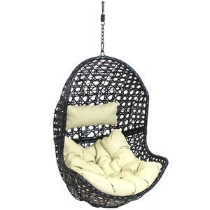 Sunnydaze Outdoor Resin Wicker Patio Lauren Hanging Basket Egg Chair Swing with Cushions and Headrest - Beige - 2pc - 1 of 4