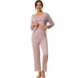 cheibear Women's Long Sleeve Pullover Top with Pants Sleepwear Pajama Sets - 1 of 4