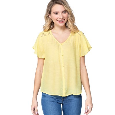 Slickblue Short Ruffle Sleeve V-Neck Woven Top, Lightweight Polyester, Casual or Dressy, Lemon, S