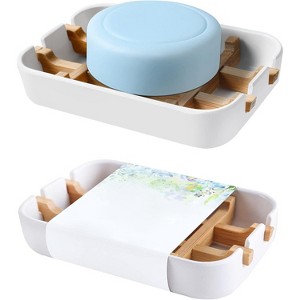 Aoibox Bamboo Soap Dish for Bathroom, White Soap Holder with Drainage Tray, Eco-Friendly Shower Soap Tray for Sink, Natural Soap Stand - 1 of 4