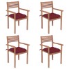 vidaXL 4X Teak Wood Outdoor Chairs with Wine Red Cushions - Stackable Patio Seating for Garden, Lounge, Bar, Café - 2 of 4