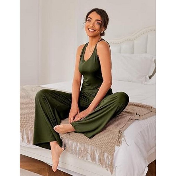 Conjunto lounge de punto acanalado para mujer, sin mangas, pantalones de pierna ancha 3
