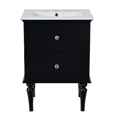 Vynxaria 24" Black French-Style Bathroom Storage Cabinet with Ceramic Sink and Drawers