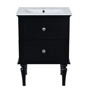 Vynxaria 24" Black French-Style Bathroom Storage Cabinet with Ceramic Sink and Drawers - 1 of 4