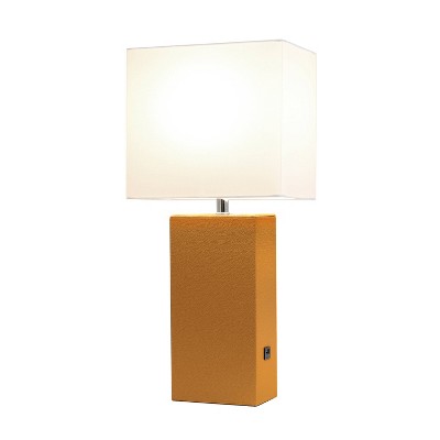 21" Tan Faux Leather Base Modern Nightstand Lamp with USB Port