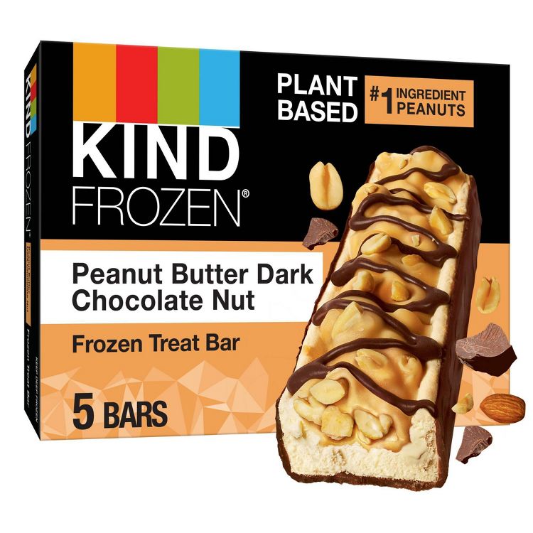 Box of KIND Frozen Peanut Butter Dark Chocolate Nut Frozen Treat Bars with an image of a bar topped with peanuts and chocolate drizzle.
