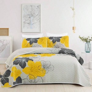 King Size Yellow Floral Quilt Set with 2 Pillow Shams, Soft Microfiber Bedding - 1 of 4