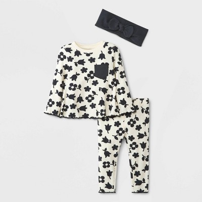 Image of Baby Girls' 3pc Floral Ribbed Top & Bottom Set with Headband - Cat & Jack™ Black/White 6-9M