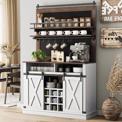 Bar Cabinet 75" Tall Coffee Hutch Large Kitchens Hutch Farmhouse Coffee Bar Cabinet Cupboard with Sliding Barn Door