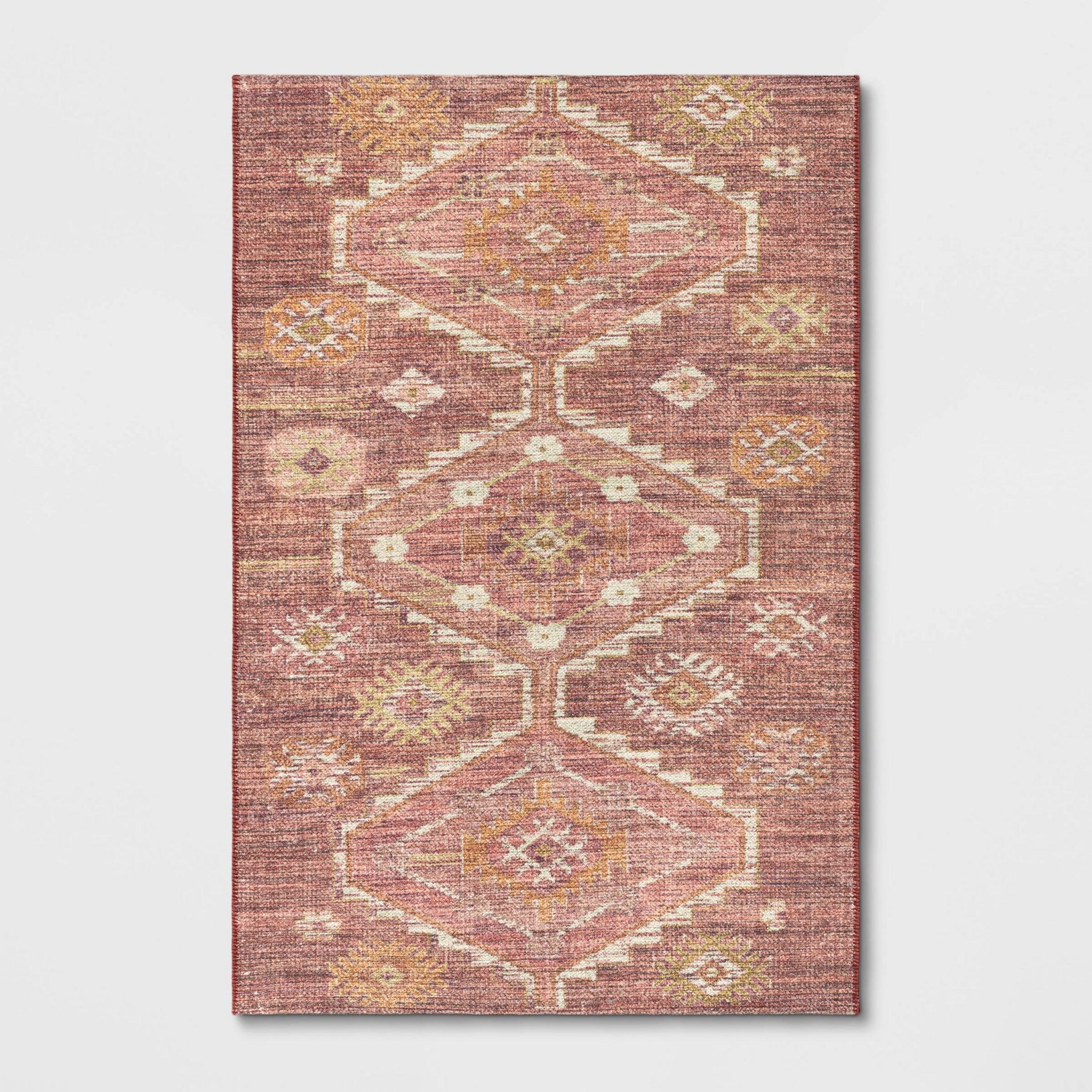 4'x6' Washable Southbury Printed Diamond Persian Style Rug Rust - Threshold™: Geometric Low Pile Skid-Resistant Rug