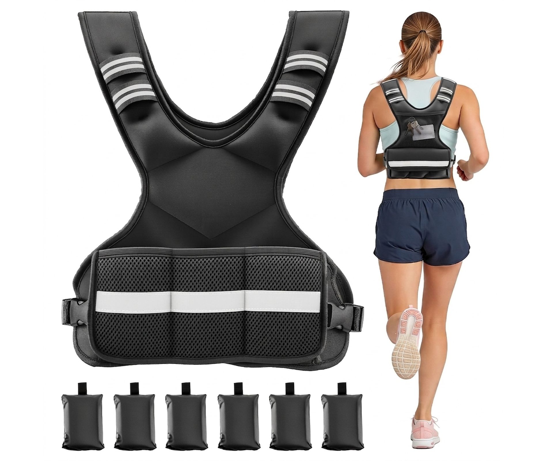 Adjustable Weighted Vest 4-10 lbs for Women and Men, Lightweight X-Shape Weight Vest with 6 One-Pound Packs and Reflective Stripe, Black