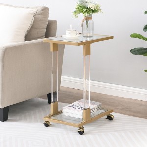 GDFStudio Cuthbert Modern Tempered Glass End Table with Acrylic Legs and Lockable Wheels - 1 of 4