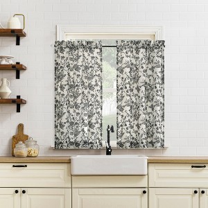 No. 918 2pc 54"x36" Elara Floral Print Semi-Sheer Rod Pocket Kitchen Curtain Tier Pair Black - 1 of 4