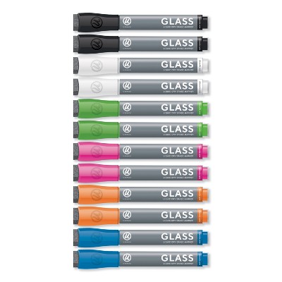 U Brands Bullet Tip Low-Odor Liquid Glass Markers w/Erasers Assorted Colors 2913U00-12