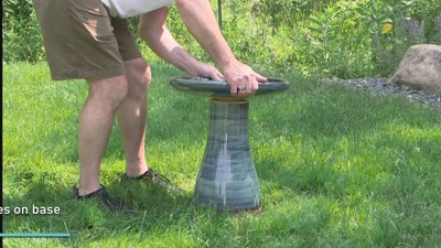 Cognac Yellow Ceramic Bird Bath with Ribbed Pedestal