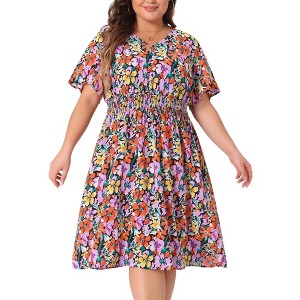 Agnes Orinda Women's Plus Size V Neck Floral Smocked Beach Summer Midi Empire Waist Dresses - 1 of 4