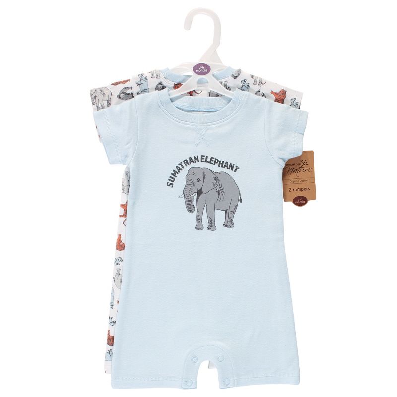 Touched by Nature Baby Organic Cotton Rompers 2pk, Endangered Elephant, 3 of 6