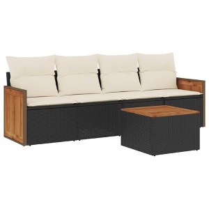 vidaXL 5 Piece Patio Sofa Set with Cushions Black and Cream Poly Rattan - With Table - 1 of 4