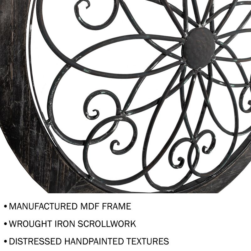 Medallion Metal Wall Art- 24 Inch Round Iron Scrollwork, Flower & Wood Frame Home Decor in Gray, Hand Crafted- Mounting Screws Included by Lavish Home, 5 of 8