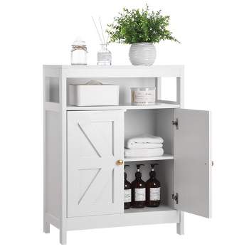 Bathroom Floor Cabinet Wooden Storage Organizer with 2 Doors, White