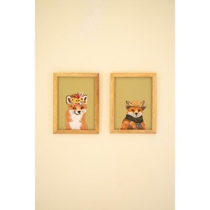 Wall Art 8" H - Framed Embroidery Foxes Design on Cotton Fabric, (2 x Set of 2) By Kalalou - 1 of 3