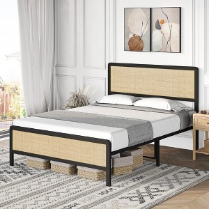 Platform Bed Frame with Rattan Headboard & Footboard,Boho, Heavy Duty Metal Slat Support, No Box Spring Needed, 1000LB Capacity - 1 of 4