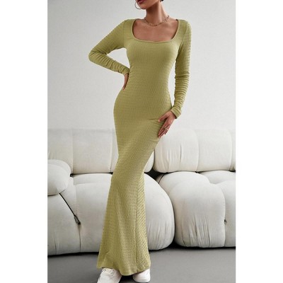 YesFashion Women's 2024 Fall Long Sleeve Square Neck Bodycon Maxi Dresses Sexy Ribbed Knit Long Sweater Lounge Dress